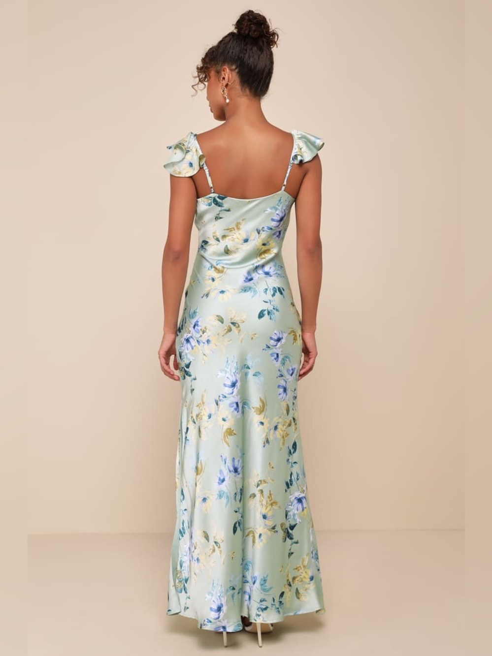 LULU’S Captivating Grace Sage Green Floral Satin Ruffled Maxi Dress - Picture 4 of 6